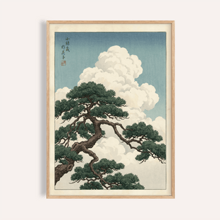 Japanese Landscape Poster with green pine and white clouds for living room wall art