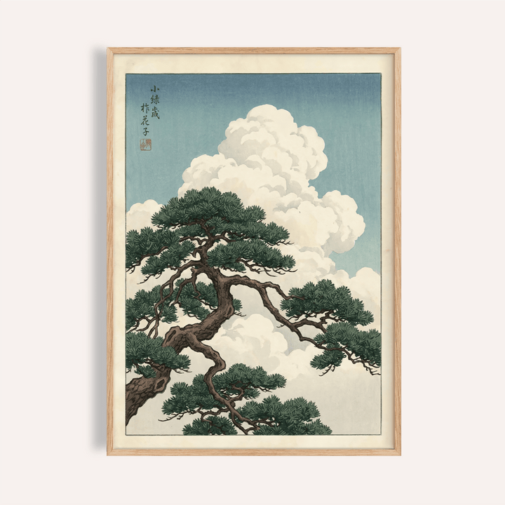 Japanese Landscape Poster with green pine and white clouds for living room wall art