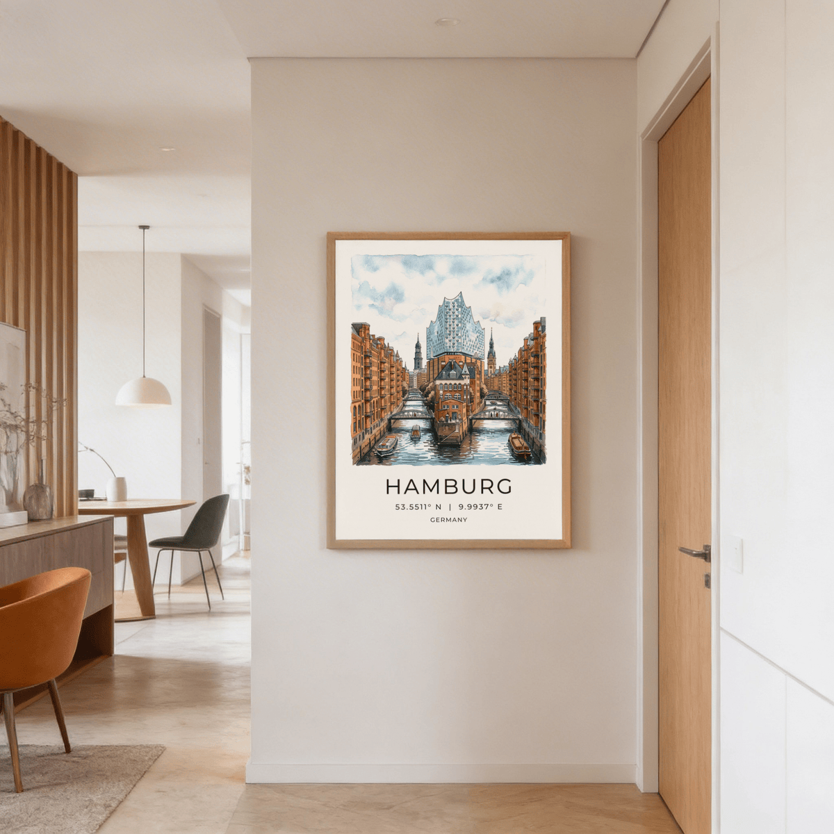Perspective street-to-canal Hamburg Cityscape Art Print with warehouse blocks