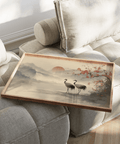 Japanese Art Poster and cranes, ideal for calm meditation spaces, beige and green