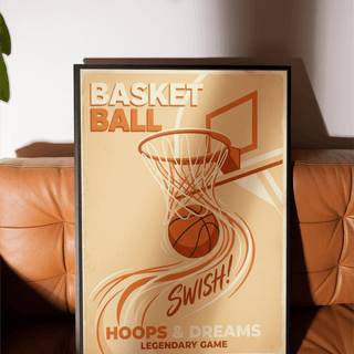 Basketball Art Print poster-style layout with ball dropping through net