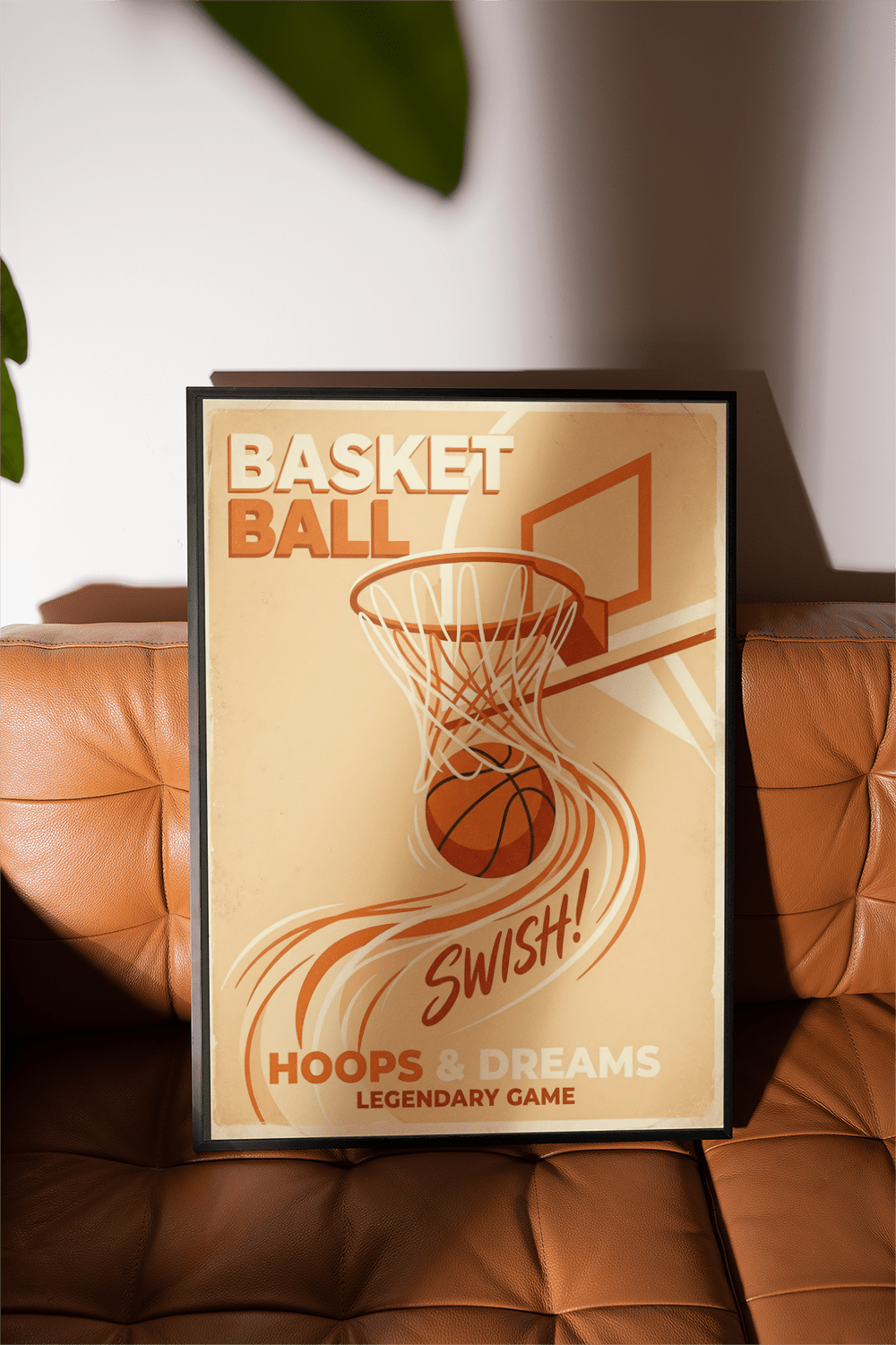 Basketball Art Print poster-style layout with ball dropping through net