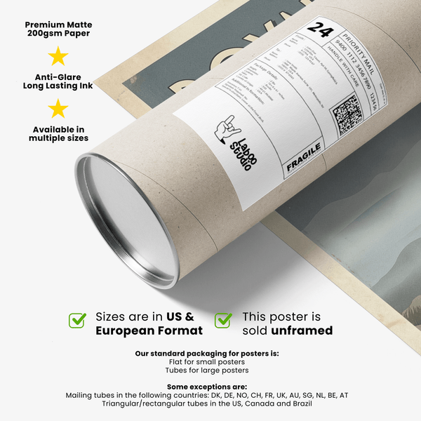 Foreground detail of golf poster showing dune contours and grass tufts framing the course