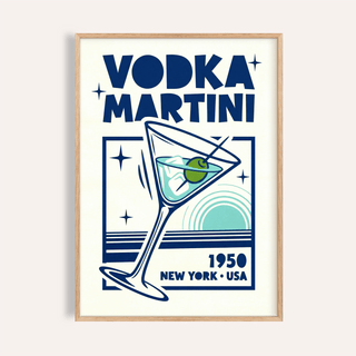 Framed Vodka Martini Poster with a minimalist blue and green illustration and bold text