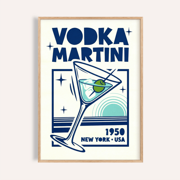 Vodka Martini Poster with blue colors for bar kitchen wall art