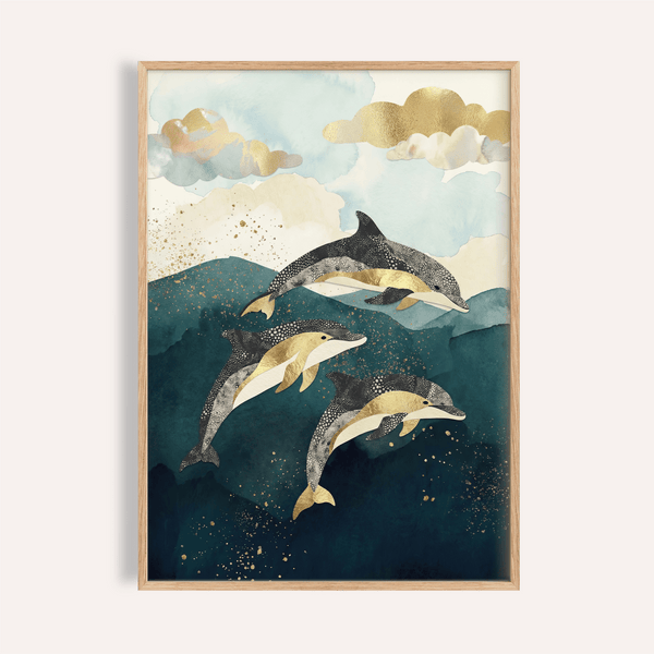 Dolphins Poster with blue and gold for living room wall art