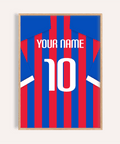 Front view of Crystal Palace Football Shirt Poster with striped jersey design, YOUR NAME text, and large number 10