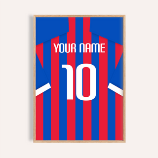 Front view of Crystal Palace Football Shirt Poster with striped jersey design, YOUR NAME text, and large number 10