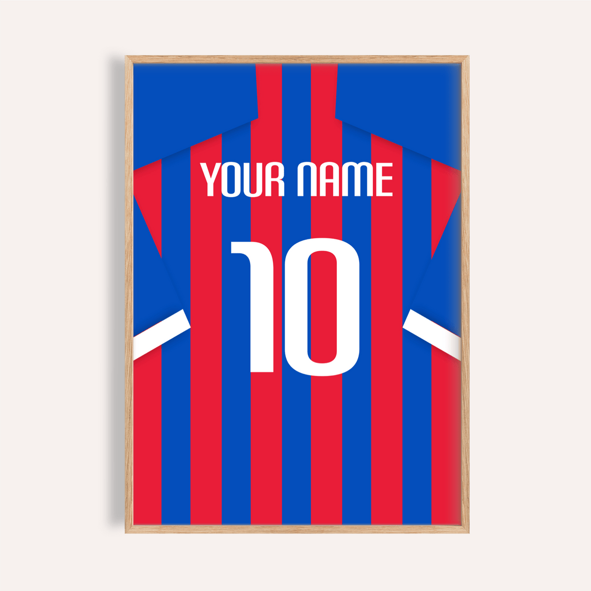 Front view of Crystal Palace Football Shirt Poster with striped jersey design, YOUR NAME text, and large number 10