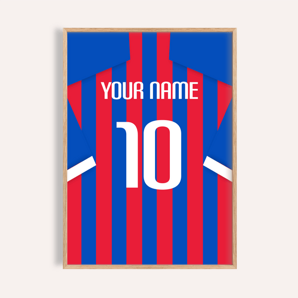 Front view of Crystal Palace Football Shirt Poster with striped jersey design, YOUR NAME text, and large number 10