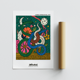 Cosmic Garden Print poster featuring bold floral heads, leaf shapes, and a starry sky motif