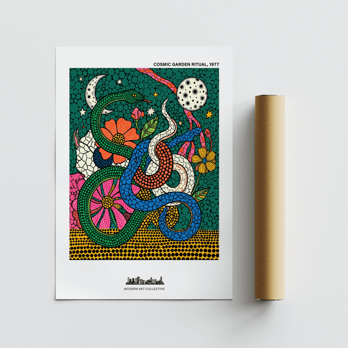 Cosmic Garden Print poster featuring bold floral heads, leaf shapes, and a starry sky motif