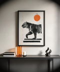 Graphic wildlife poster featuring a tiger silhouette above two horizontal bars