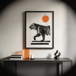 Graphic wildlife poster featuring a tiger silhouette above two horizontal bars
