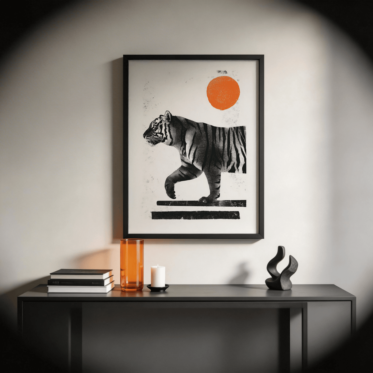 Graphic wildlife poster featuring a tiger silhouette above two horizontal bars