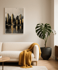 Gold and Black Skyline Poster featuring abstract cityscape for office decor in black and gold
