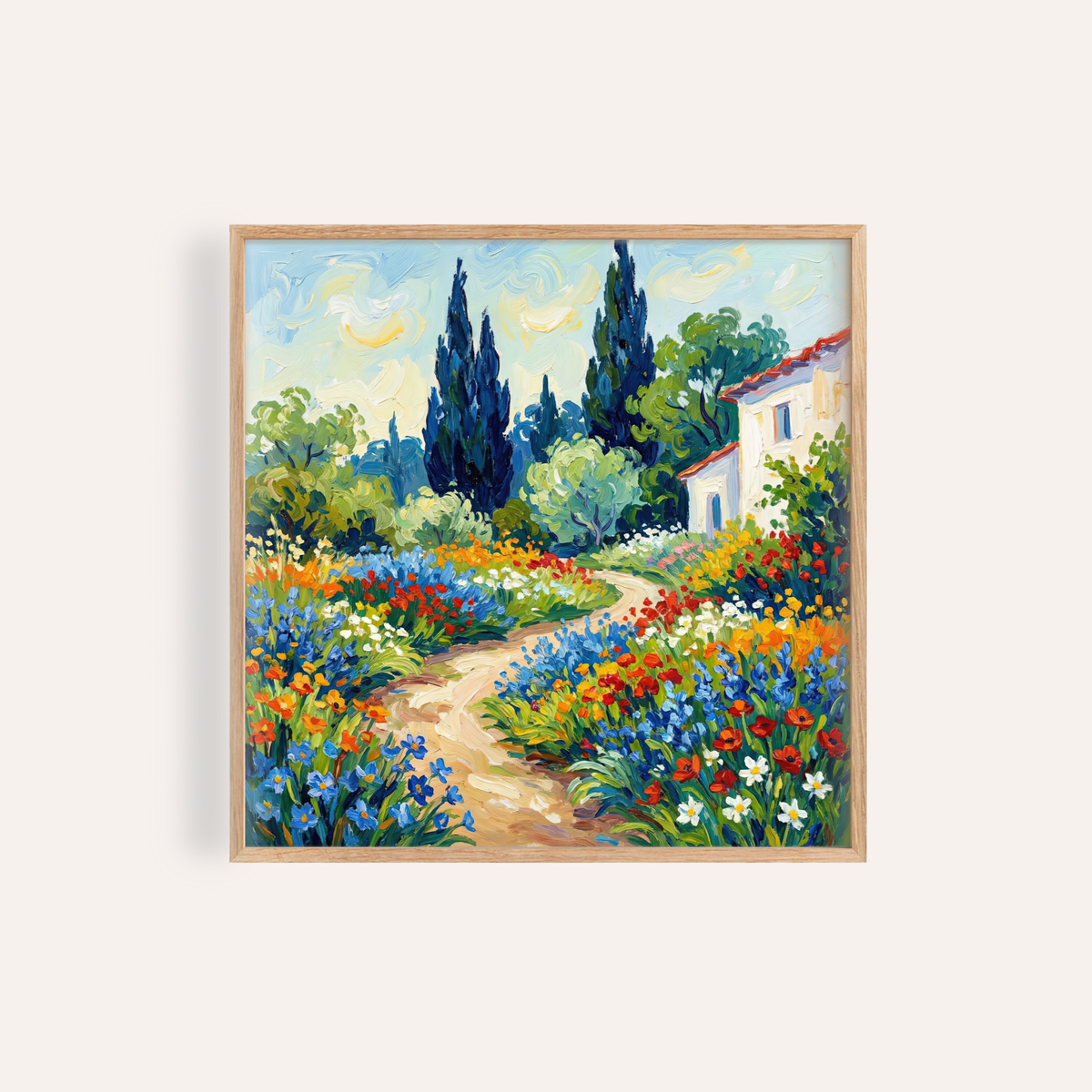 Vibrant Flower Art Print with blue, red, and yellow for living room wall art