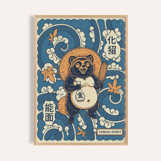 Featuring a smiling tanuki poster with straw hat, spiral waves, and cloud motifs