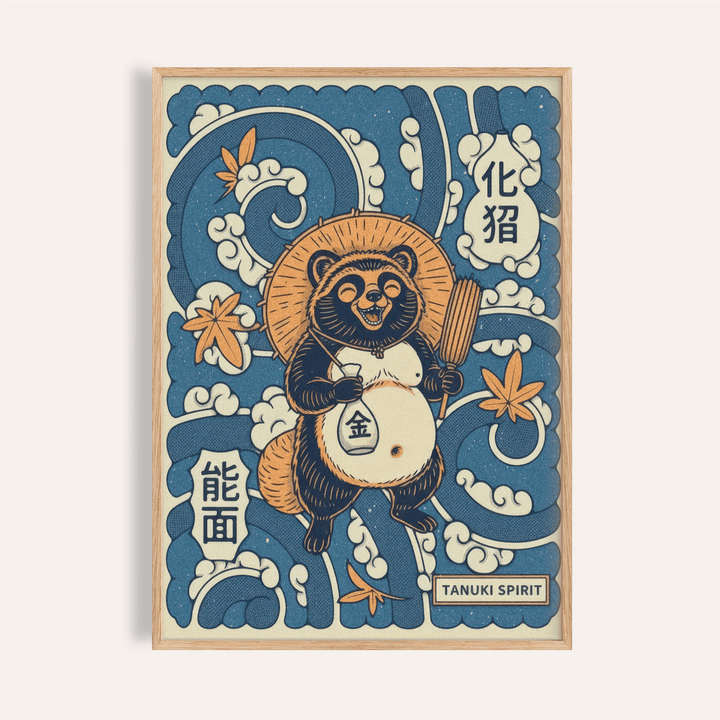 Featuring a smiling tanuki poster with straw hat, spiral waves, and cloud motifs