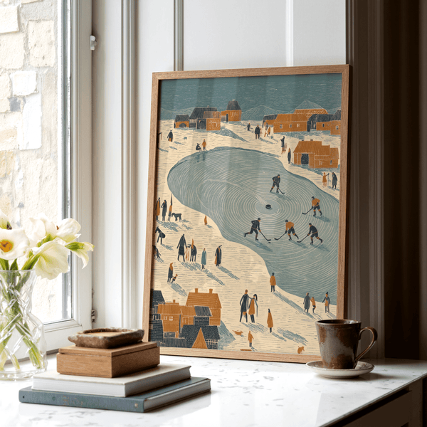 Blue and Beige Hockey Winter Art Print decorative poster for a bedroom