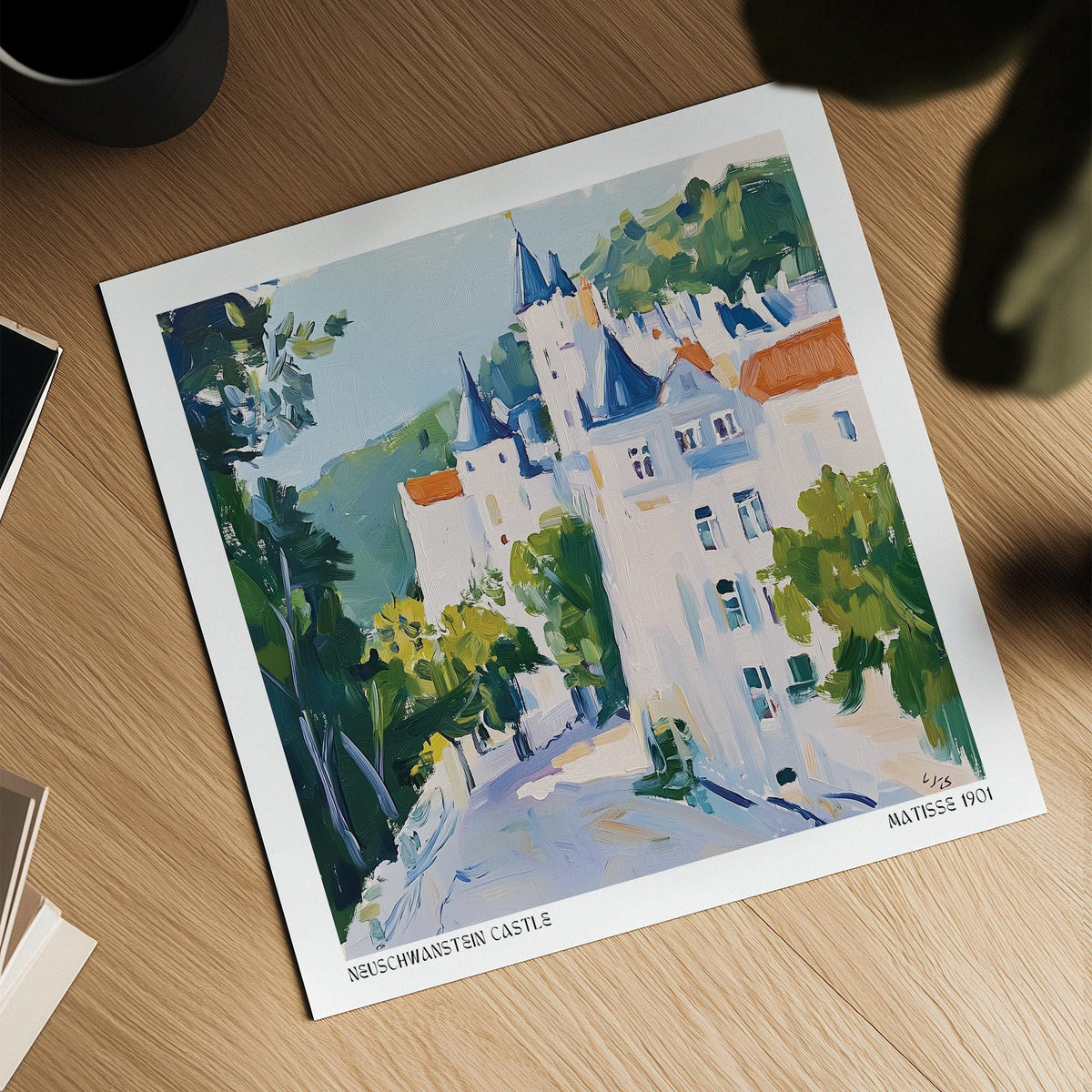 Forested hilltop scene with Neuschwanstein featured in medieval castle art.