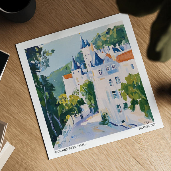 Forested hilltop scene with Neuschwanstein featured in medieval castle art.