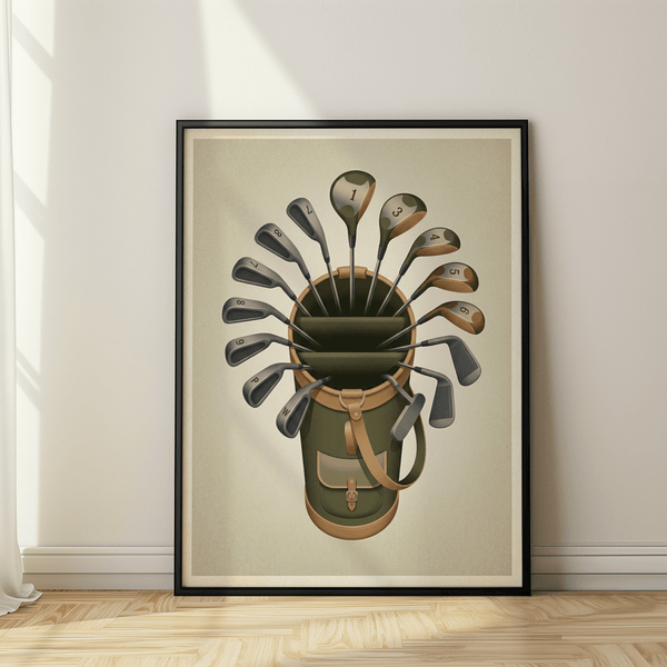 Illustrated Golf Clubs Wall Art showing a golf bag with numbered club heads