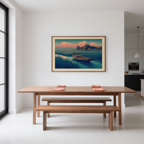 Foreground skiff beside reeds under clouded sky wall art