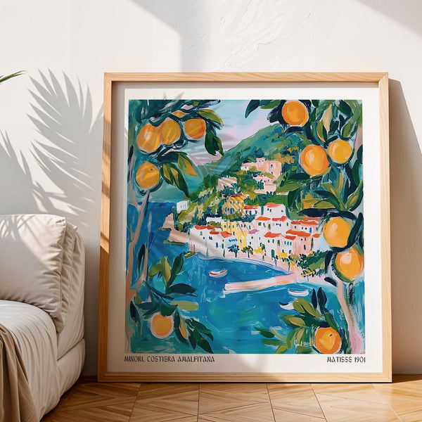 Painterly Amalfi Wall Art print with vibrant blue water and orange fruit details.