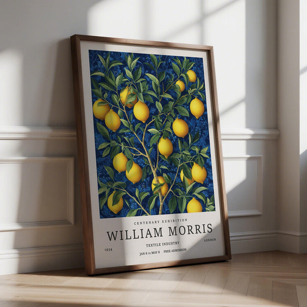 Lemon Wall Art for Kitchen with ripe yellow lemons and blue leaf background.