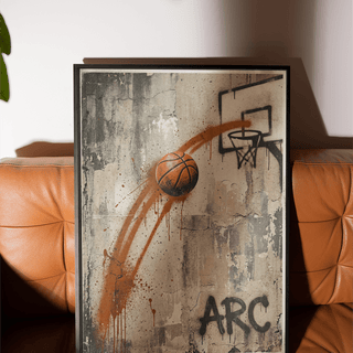Grunge-style sports poster print with basketball, rim drawing, and drips over distressed concrete surface