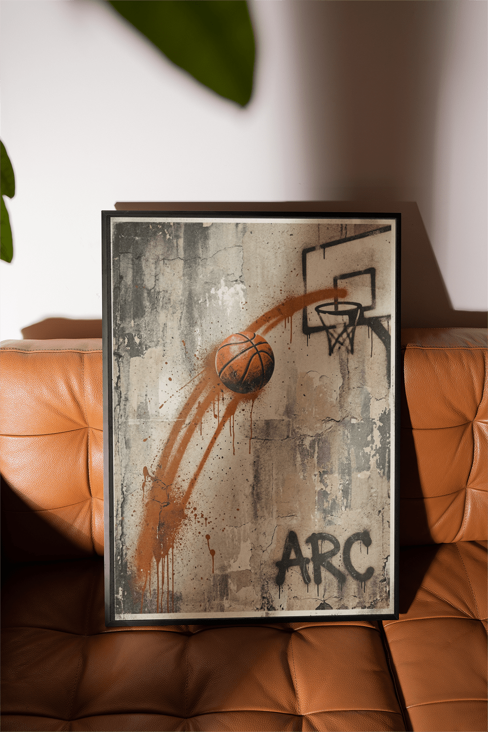 Grunge-style sports poster print with basketball, rim drawing, and drips over distressed concrete surface