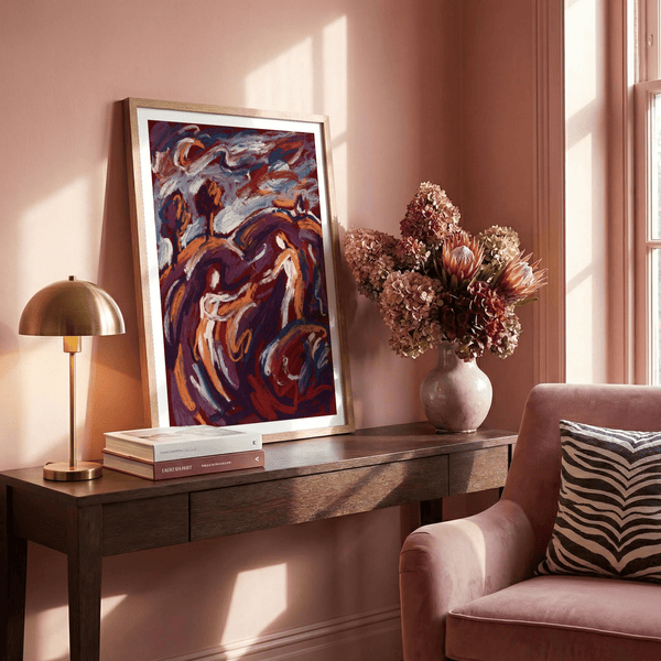 Minimalist mockup displaying expressive figure artwork above sofa