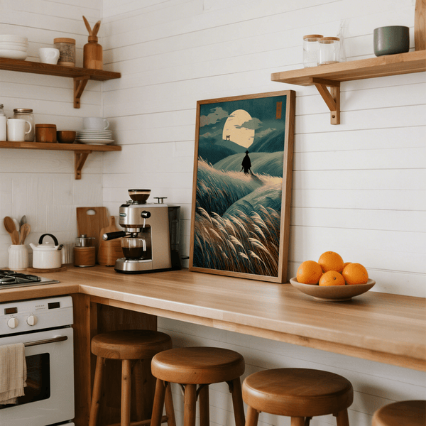 Japanese Landscape Art wall art print with layered hills and lone traveler