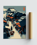 Presenting travel-style market street wall art print with awnings and rooftops
