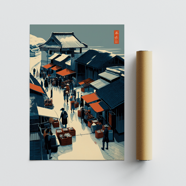 Presenting travel-style market street wall art print with awnings and rooftops