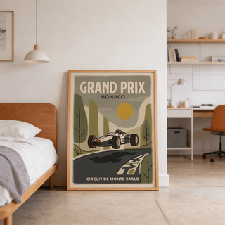 Classic motorsport artwork with sweeping road leading to circuit banner and open-wheel vehicle