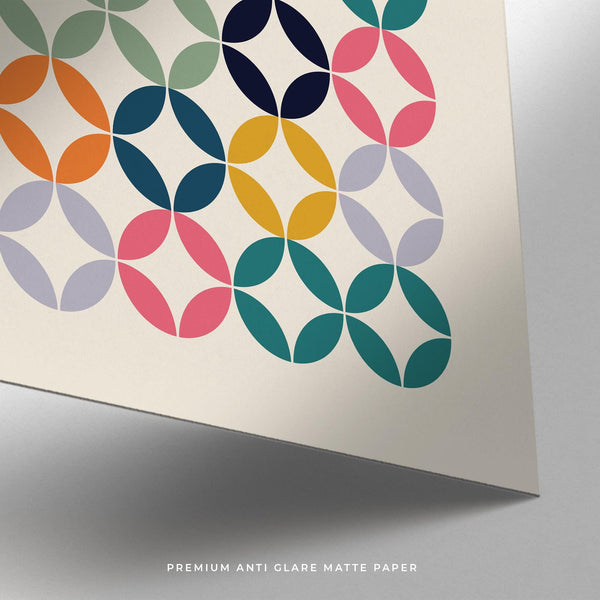 Abstract colorful wall art office design with Bauhaus-style color blocking.