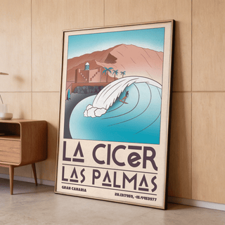 Coastal surf scene wall art print with oversized wave, surfer silhouette, and palm trees near a fort