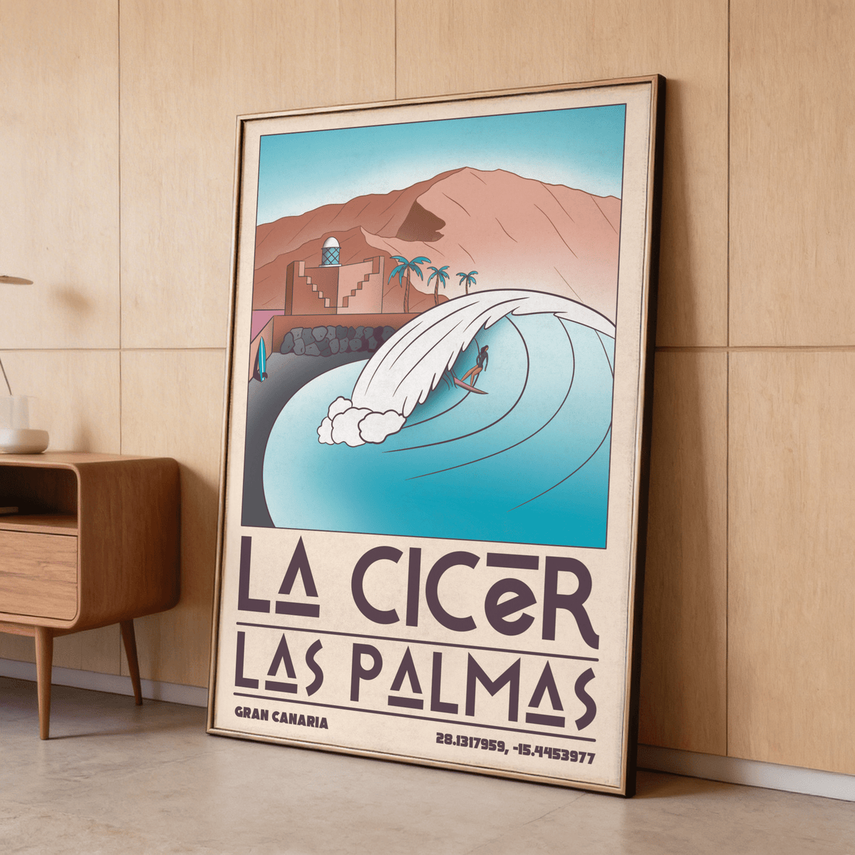 Coastal surf scene wall art print with oversized wave, surfer silhouette, and palm trees near a fort