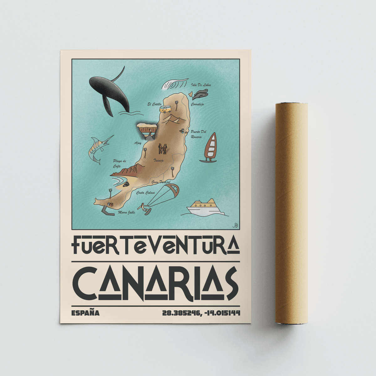 Desk vignette featuring rolled Canary Islands Wall Art ready for framing