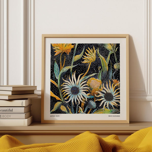 Abstract Art Floral print with blue and yellow flowers in Japanese art style.