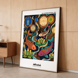 Vibrant Colorful Koi Fish Poster with three koi swimming among lotus flowers and lanterns