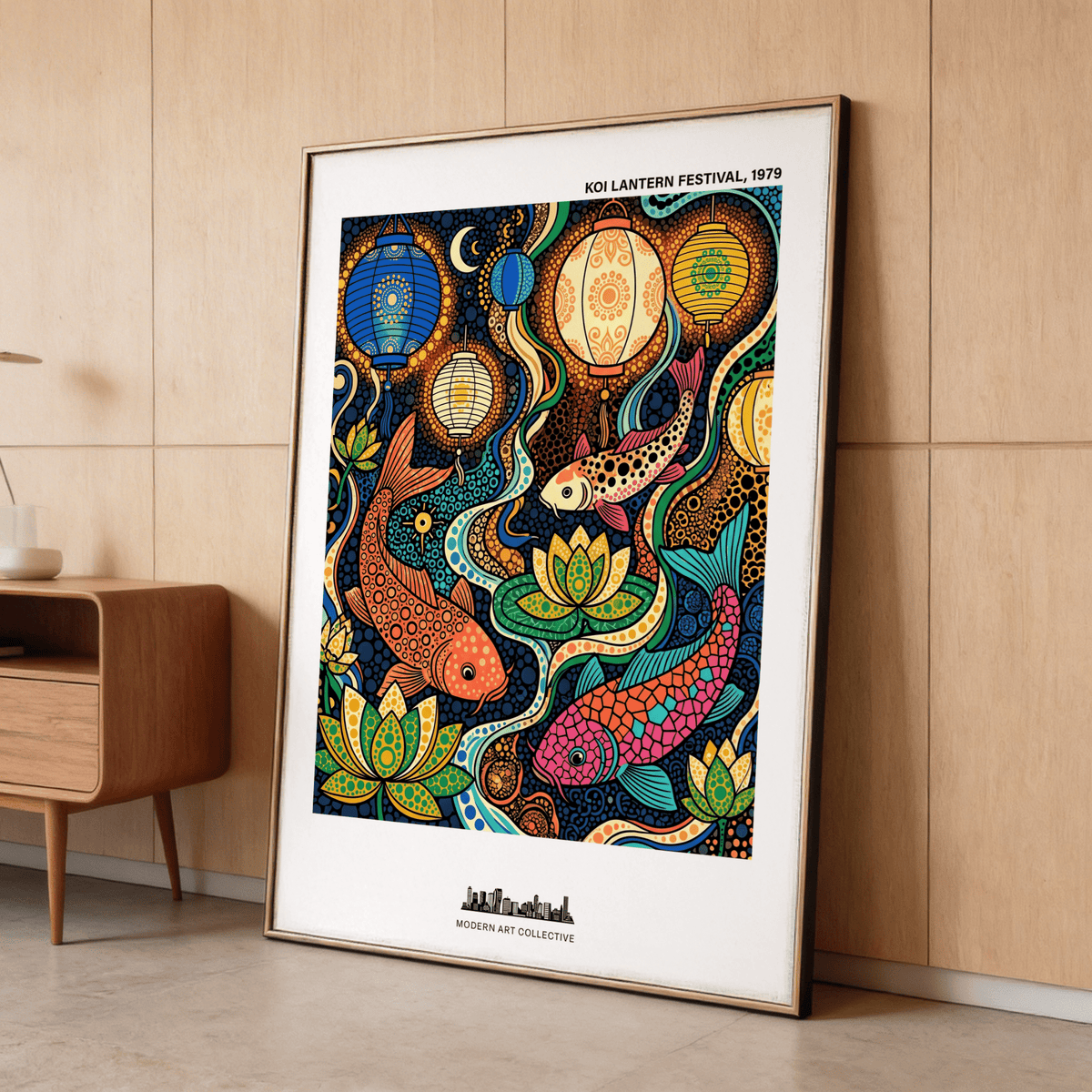 Vibrant Colorful Koi Fish Poster with three koi swimming among lotus flowers and lanterns