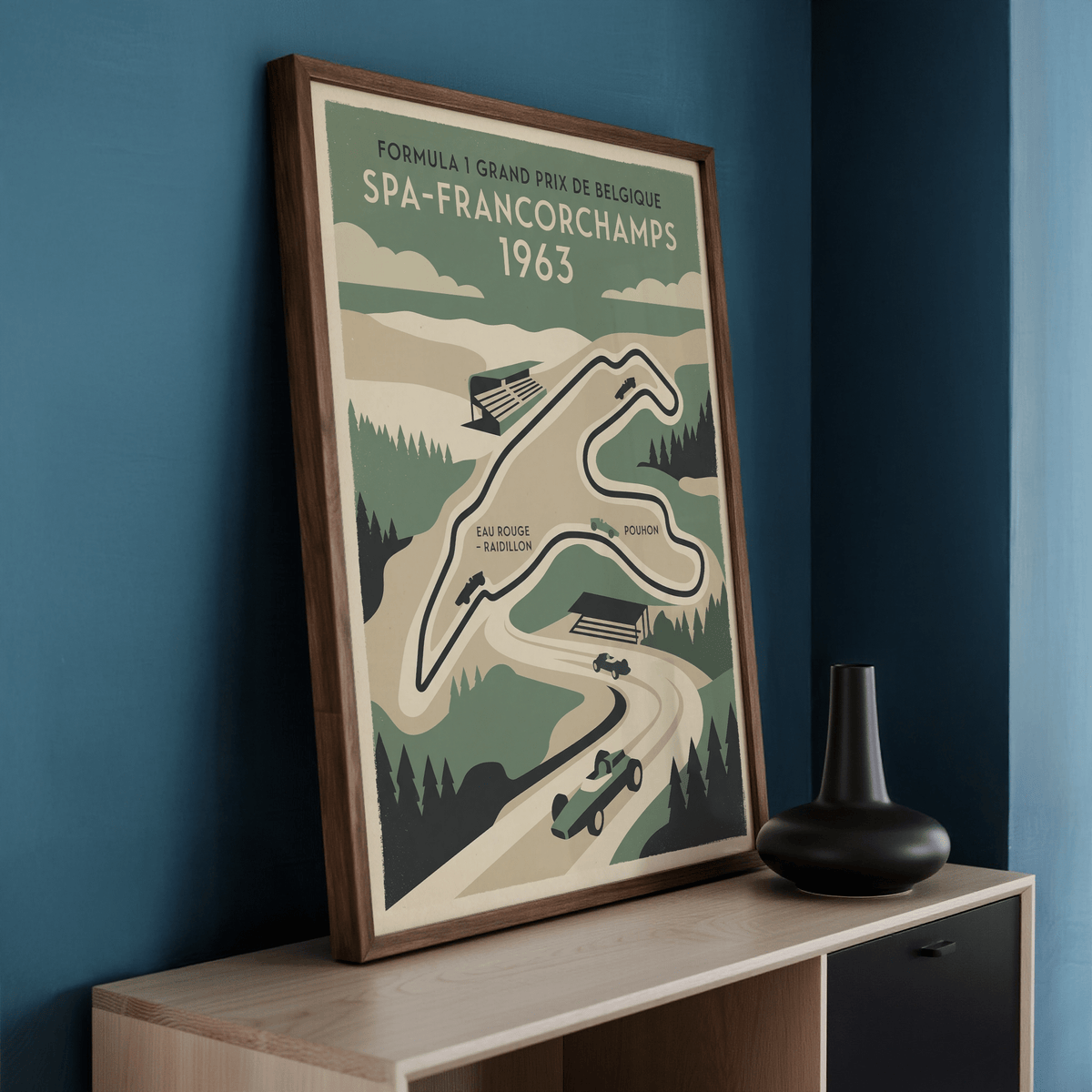 Vintage motorsport poster print with track map, grandstand, and forest shapes