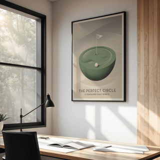 Floating putting green illustration poster with centered cup and flagpole