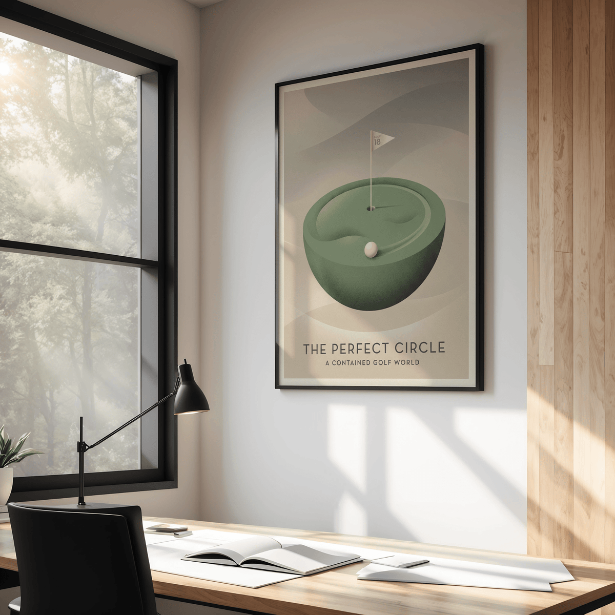 Floating putting green illustration poster with centered cup and flagpole