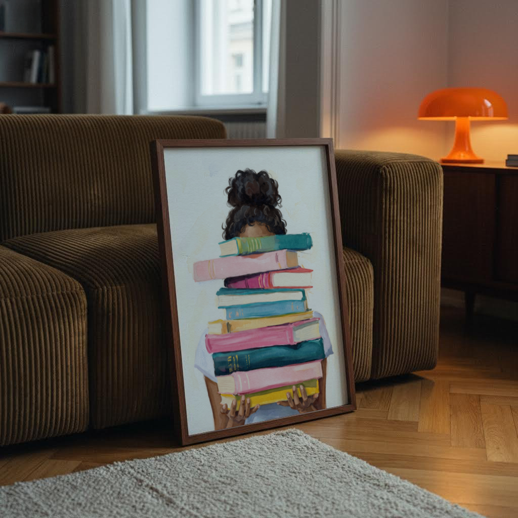Close-up Book Lover Art Print of multicolored books stacked high in front of a reader, watercolor poster