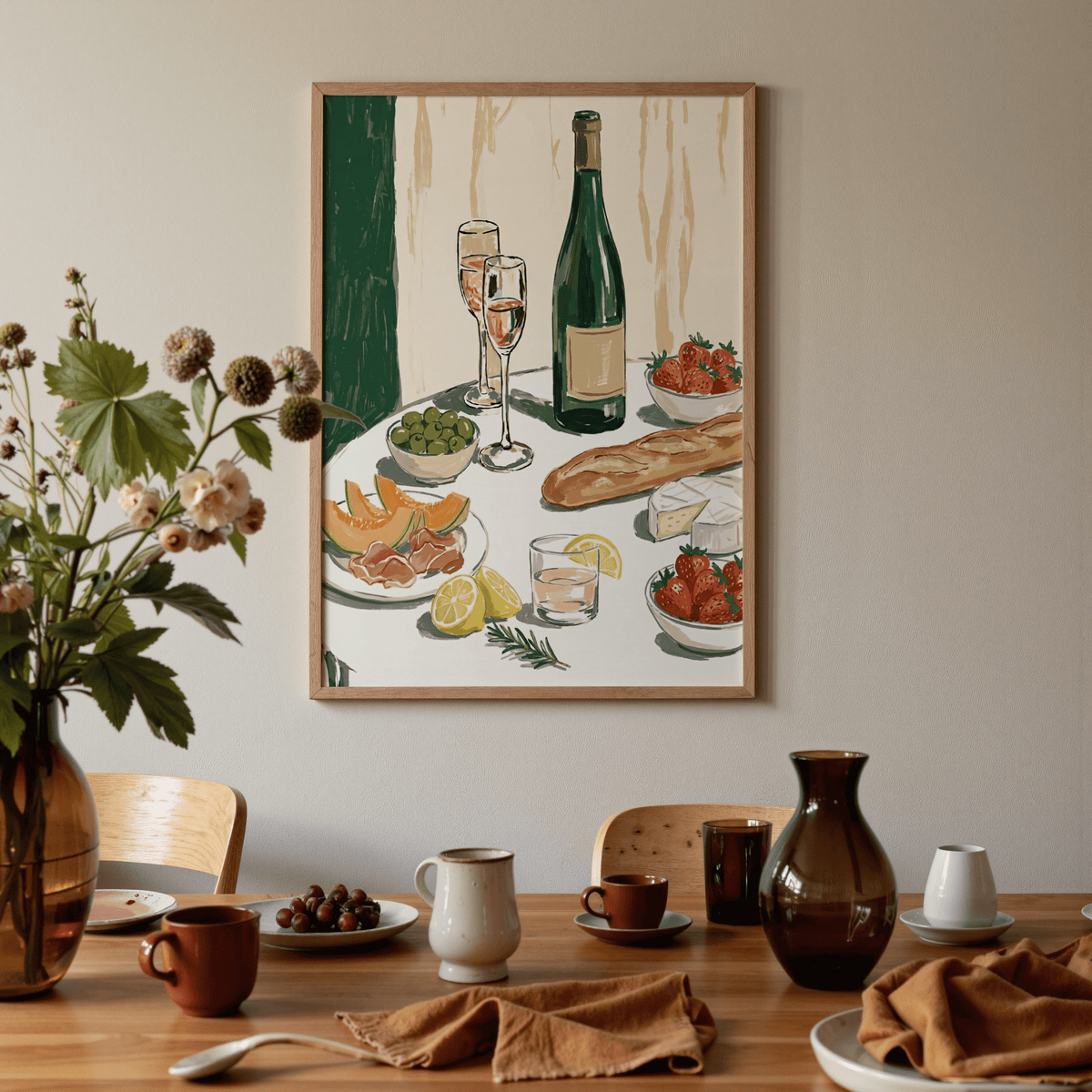 Food and Wine Art Print poster showing picnic scene for kitchen wall enhancement