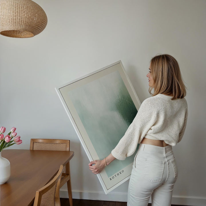 Framed Rothko Print with soft abstract colour fields held by a woman in white clothes